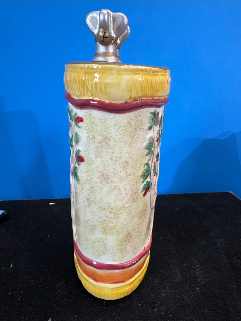 vintage hand-painted ceramic Tzedakah box (charity bank)  by Plaut Judaica.